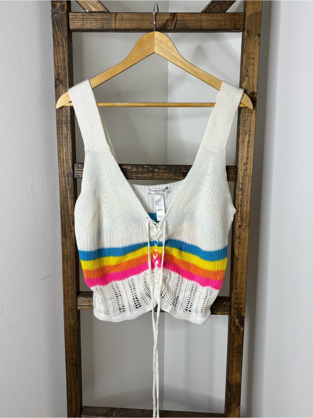 Jolie & Joy White Knit Lace-Up Crop Top with Rainbow Stripes Size 1X